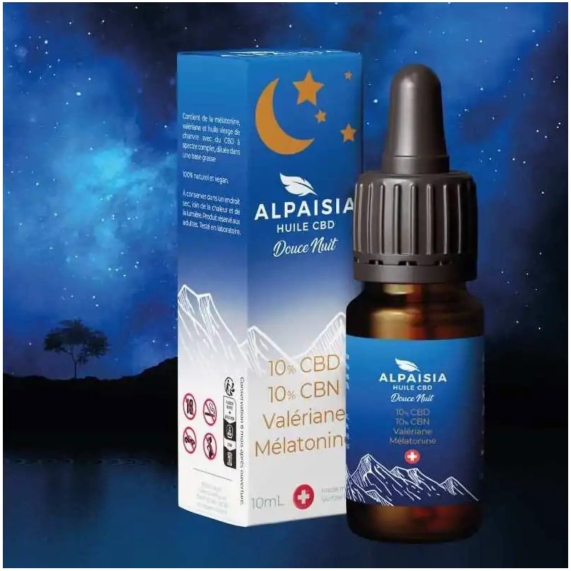 Huile de CBD Alpaisia Douce Nuit CBD 10%, CBN 10%, Valériane et Mélatonine